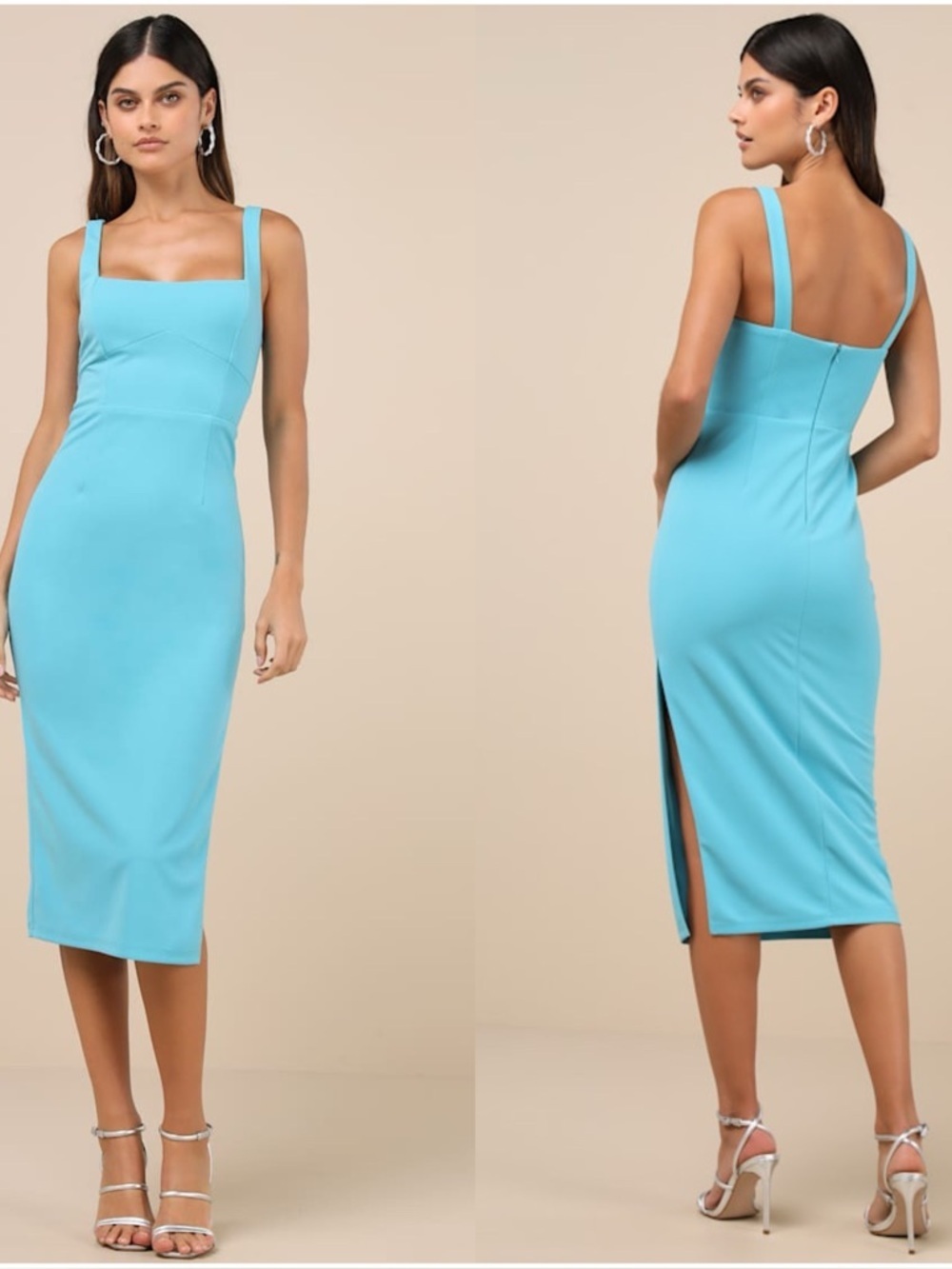 LULU'S Vibrant Allure Aqua Square Neck Sleeveless Bodycon
Midi Dress